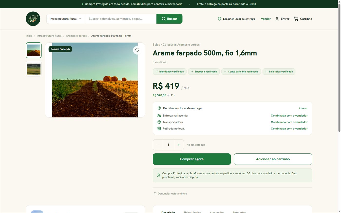 Página de produto do Caminho da Lavoura, com verificações do vendedor, preço, estoque e opções de entrega
